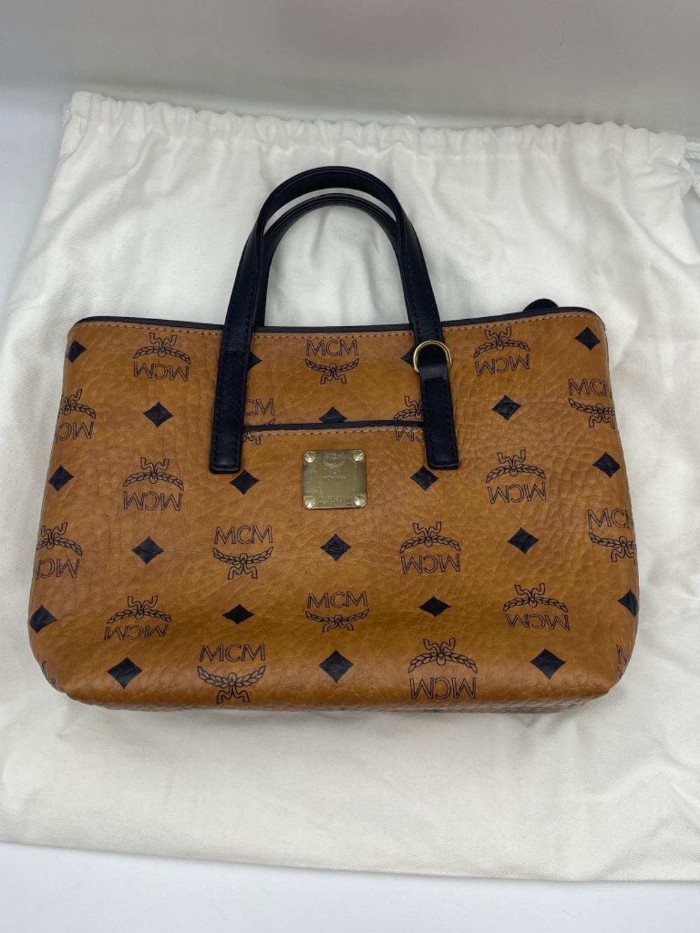 MCM Tan Visetos Logo Top-Handle Satchel with Black Accents